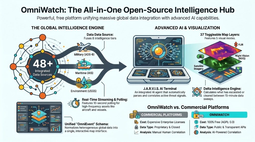 Infographic describing the OmniWatch platform: many open data sources fused into a single intelligence dashboard.
